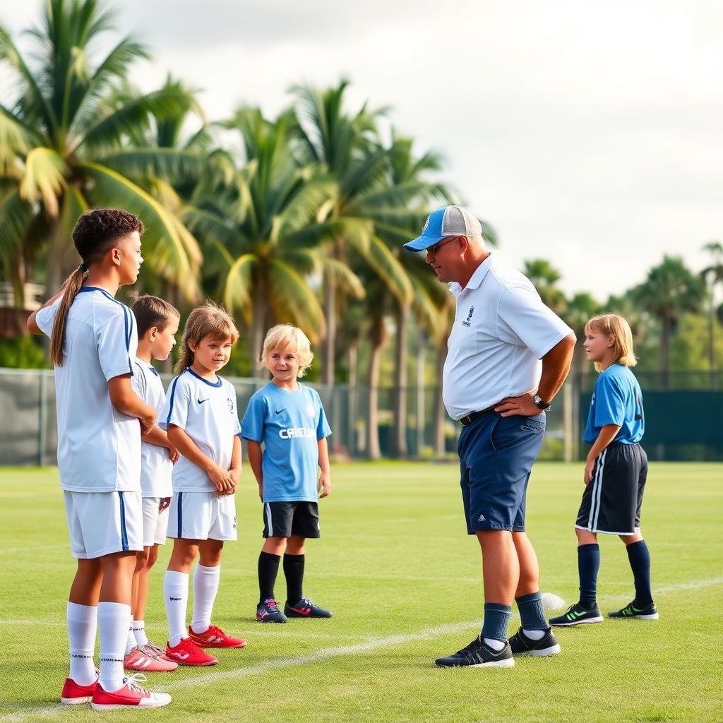 Coach instructing young players on the sideline