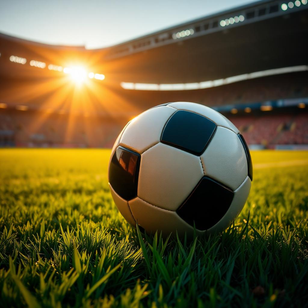 Soccer ball on the pitch at sunset